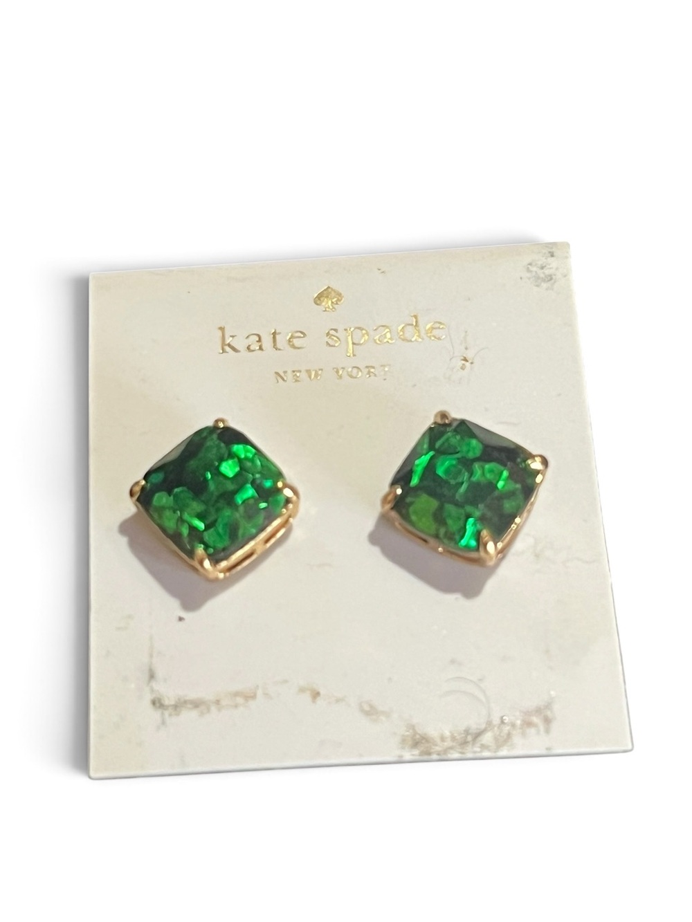 Kate Spade Glitter Gumdrop Emerald Green Gold-Tone Square Stud Earrings